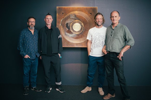 Artists Guy Ben-Ary, Matthew Gingold, Nathan Thompson and Dr Stuart Hodgetts with Alvin Lucier’s ‘mini-brain’.