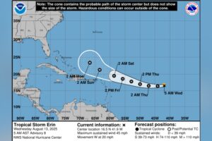 Tropical Storm Erin Update as Path Shifts South