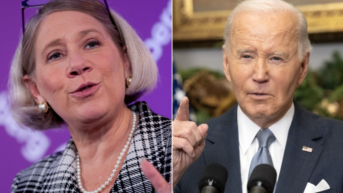 Anita Dunn in a split image with Joe Biden