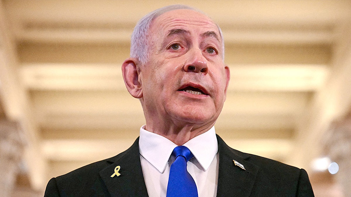 Israeli Prime Minister Benjamin Netanyahu speaks to the press after meeting with U.S. House Speaker Mike Johnson at the U.S. Capitol.