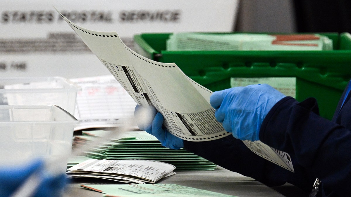 Election worker inspects ballots.