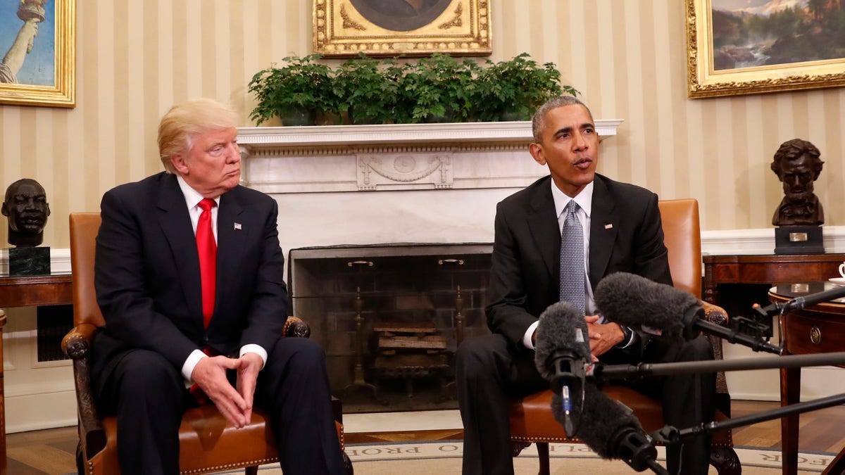 In this photo taken Nov. 10, 2016, President Barack Obama meets with President-elect Donald Trump in the Oval Office of the White House in Washington. White House officials say President Barack Obama is prepared to spend his final major foreign trip talking about Donald Trump. Obama leaves Monday, Nov. 14, 2016, for a six-day trip to Greece, Germany and Peru. In Greece, heÃ¢â¬â¢ll tour the Parthenon, give a speech about globalization and meet with Prime Minister Alexis Tsipras. (AP Photo/Pablo Martinez Monsivais)