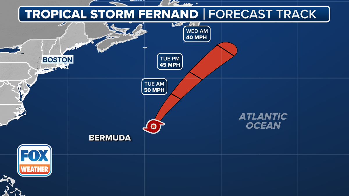 A weather graphic showing Tropical Storm Fernand over the Atlantic Ocean