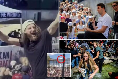 Mystery bearded man in crowd at Charlie Kirk shooting seen cheering and looking back after gunshot