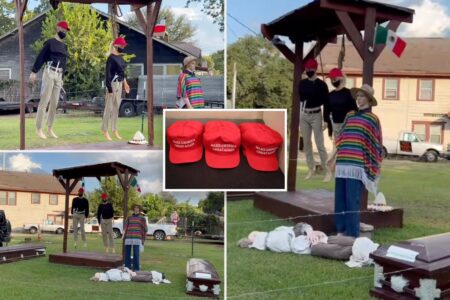 Halloween display sparks outrage over lynched mannequins in MAGA-like red hats, Mexican flag