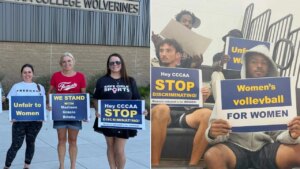 College women’s volleyball game featuring trans athlete draws crowd of protesters in California