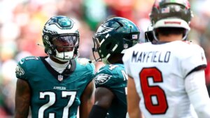Eagles’ Quinyon Mitchell, Bucs’ Tristan Wirfs lock horns in heated skirmish during matchup