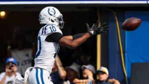 Colts’ Adonai Mitchell suffers bizarre fumble near end zone in loss against Rams