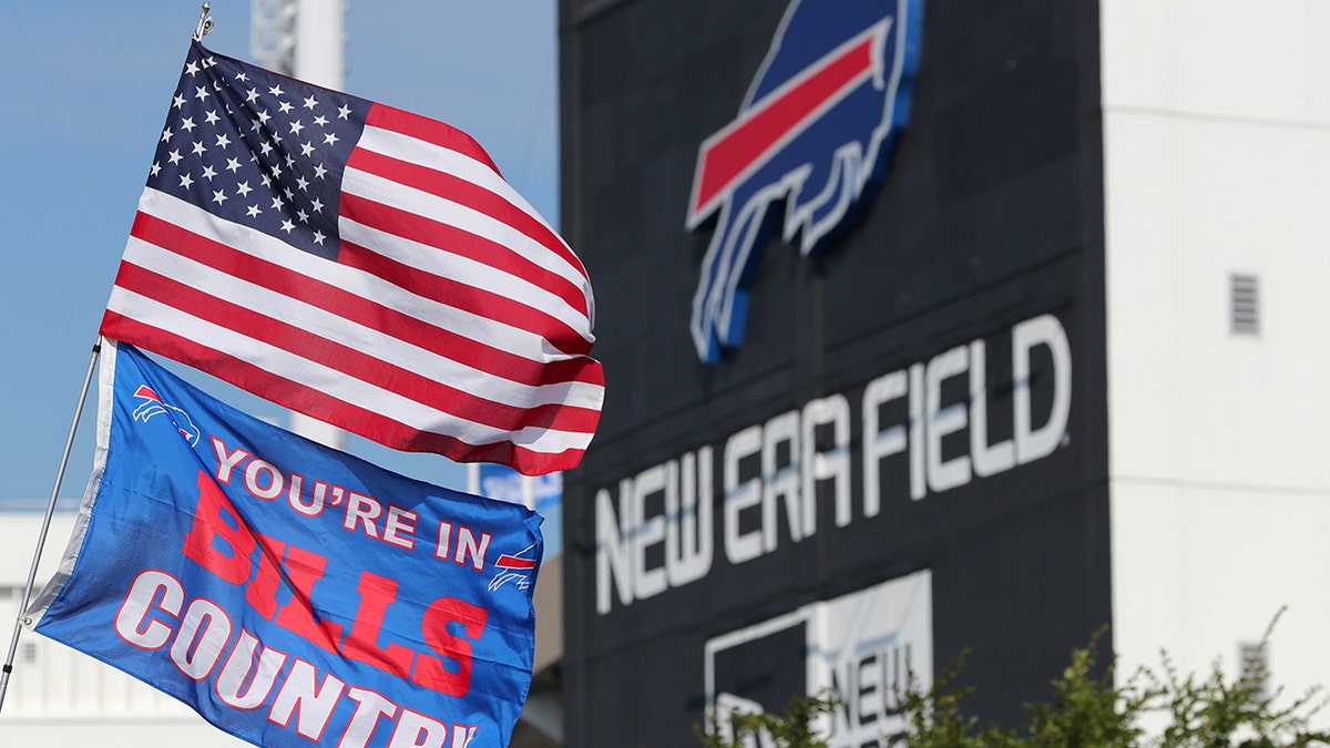 Flags fly in the parking lot of New Era Field before a game between the Buffalo Bills and the Cincinnati Bengals on Sept. 22, 2019, in Orchard Park, New York.