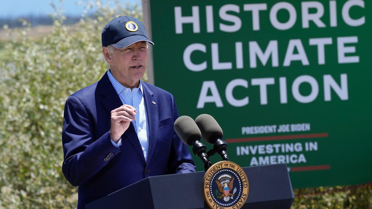President Joe Biden speaks at the Lucy Evans Baylands Nature Interpretive Center and Preserve in Palo Alto, California, Monday, June 19, 2023. Biden talked about climate change, clean energy jobs and protecting the environment.