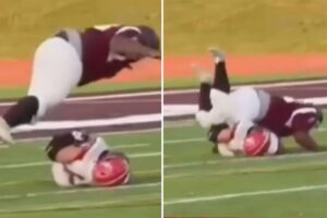 High school football player’s spine fractures after player double his size pancakes him