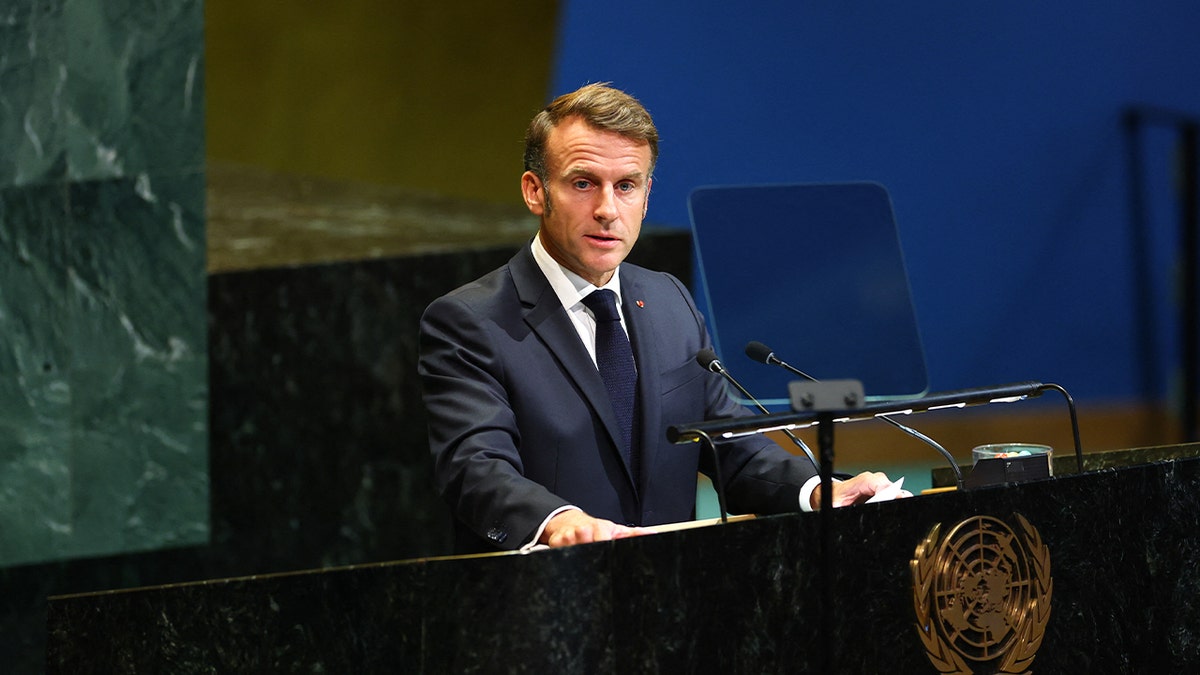 France's President Emmanuel Macron speaks during a United Nations Summit on Palestinians at UN headquarters during the United Nations General Assembly (UNGA) in New York on September 22, 2025. 