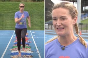 Mom goes viral for earning world record running across a track of LEGOs barefoot