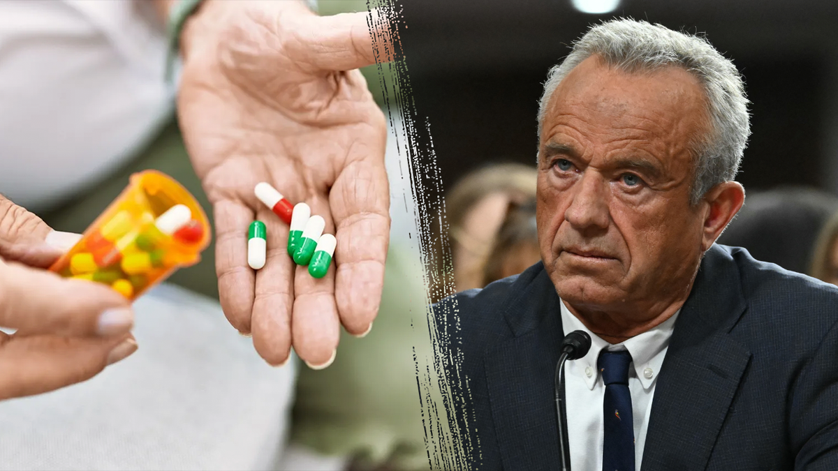 An image of HHS Secretary nominee RFK Jr. juxtaposed next to a bottle of pills made by drug manufacturers. 