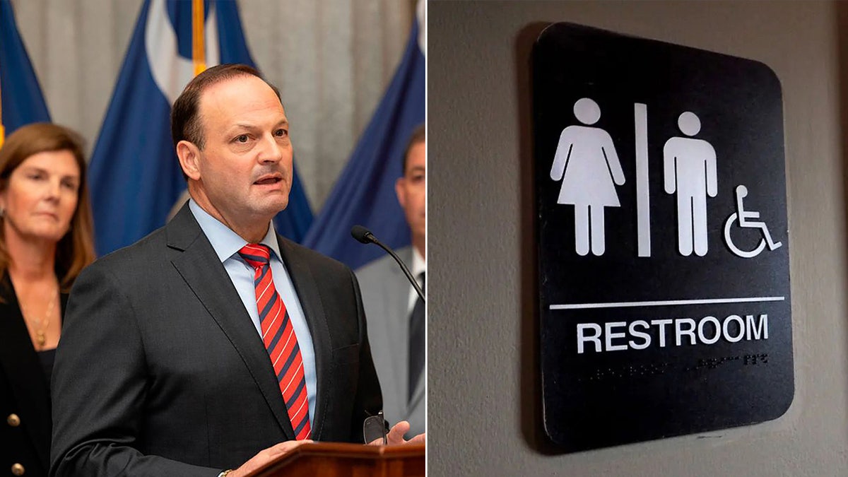 South Carolina AG Alan Wilson with a split image of a restroom sign.