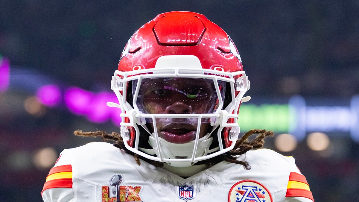 Xavier Worthy looks into camera on field