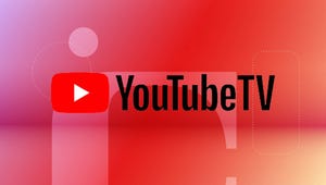 The YouTube TV logo against a red gradient CNET background.