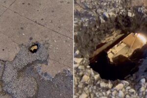 Hole opens onto NYC street — giving peek into subway below: ‘Special rat express entrance’
