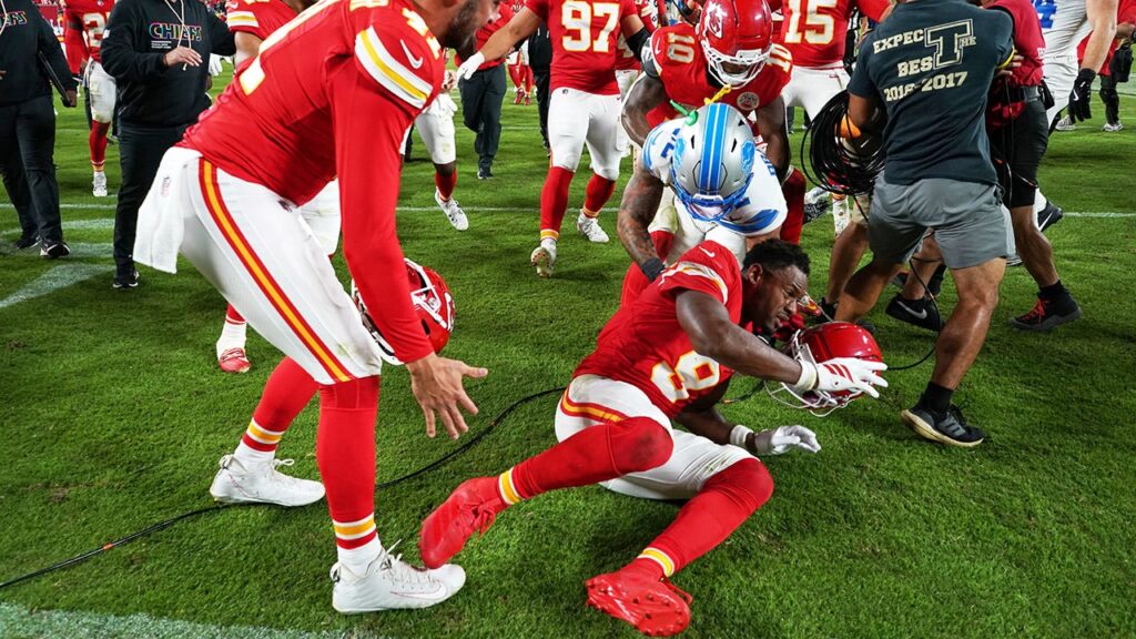 Lions’ Brian Branch snubs Patrick Mahomes after loss, sparks brawl with Chiefs wide receiver