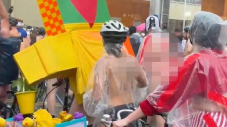 Bare-bottomed bikers roll through rain to shout at feds in blue city’s latest anti-ICE stunt
