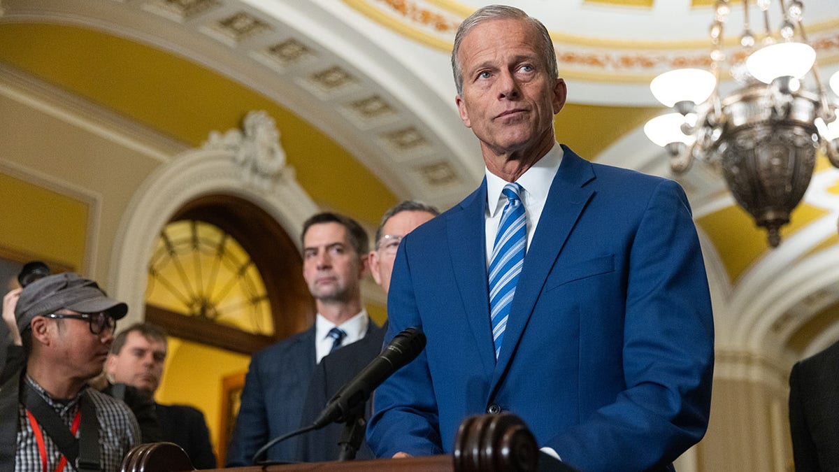 Senate Majority Leader John Thune, R-S.D., outside the Senate chamber.