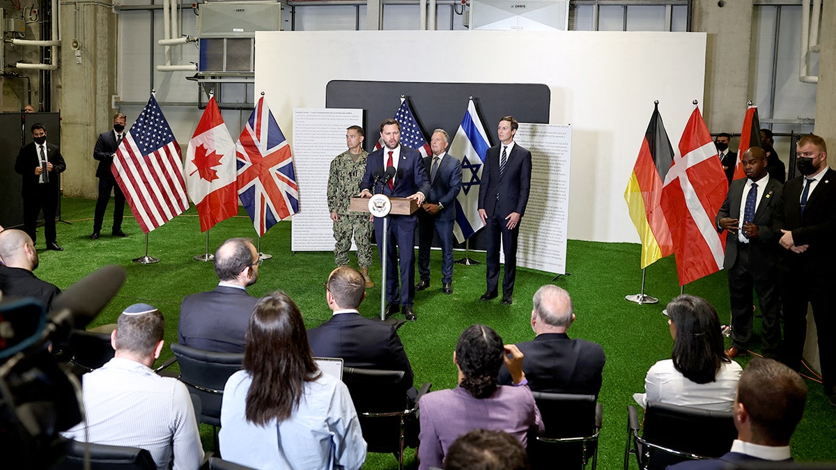 Vice President JD Vance speaks during a press conference following a military briefing at the Civilian Military Coordination Center in southern Israel on Oct. 21, 2025. 
