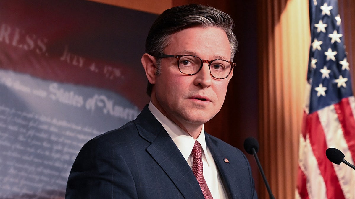 Speaker of the House Mike Johnson talks to press members