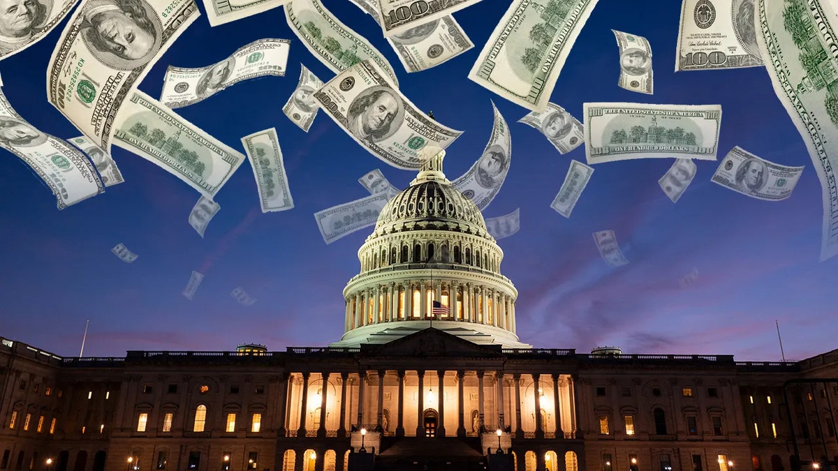 Money falling atop the U.S. Capitol building