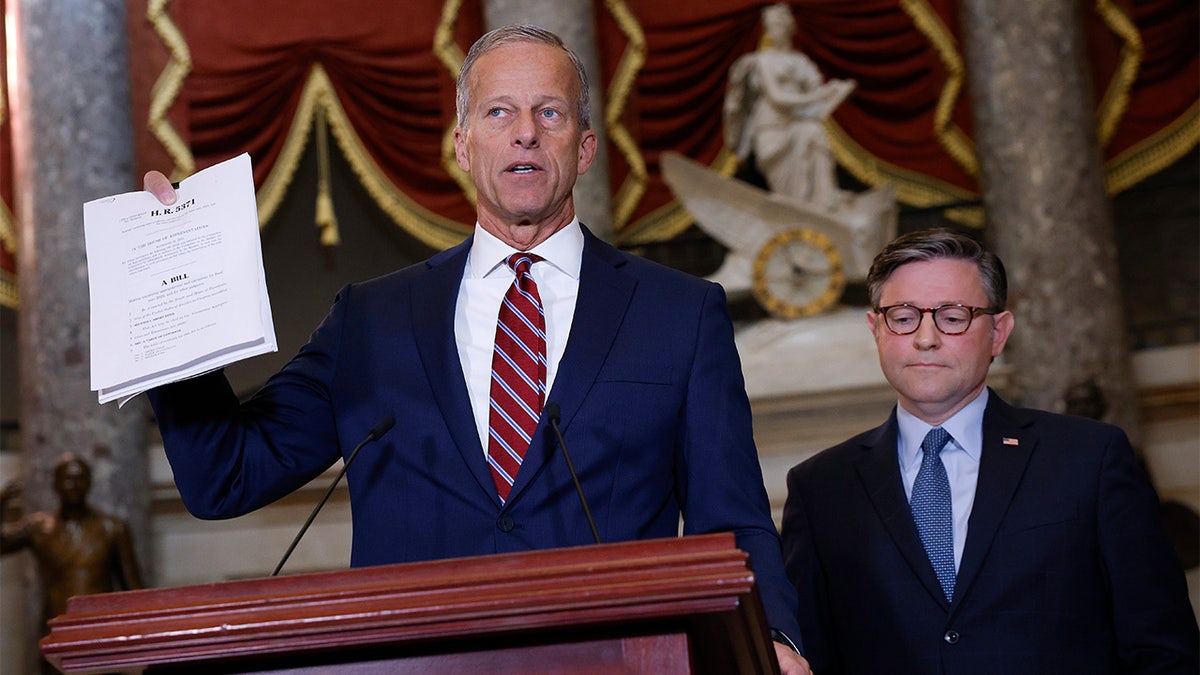 Senate Majority Leader John Thune and Speaker Mike Johnson during a news conference