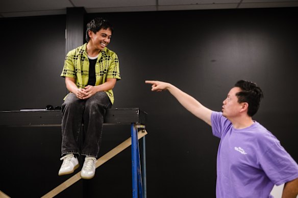 Playwright Jordan Shea (right) with actor Marty Alix rehearsing the Queensland Theatre production.