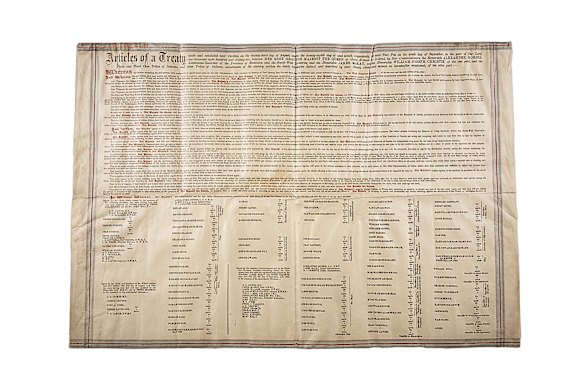 A copy of one of Canada’s “Numbered Treaties”, No. 6, signed near Carlton and Fort Pitt in Saskatchewan, Canada, in 1876, by officers of the Crown and “the Plain and Wood Cree Tribes of Indians, and other tribes of Indians, inhabitants of the country, within the limits hereafter defined and described by their Chiefs”.