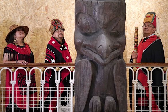 Leaders of the Nisga’a nation of British Columbia eye a traditional 11-metre-high memorial pole at the National Museum of Scotland which was returned to them in 2023.