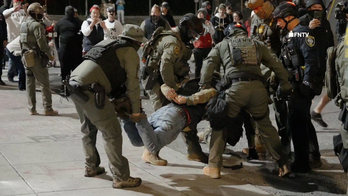 protestor hovers off of ground as federal troops grab each one of his arms and legs