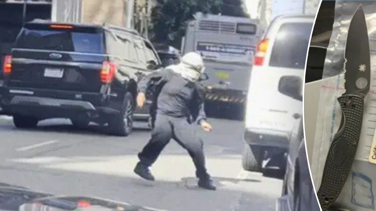 Keffiyeh-clad protester in San Francisco street with knife evidence photo inset