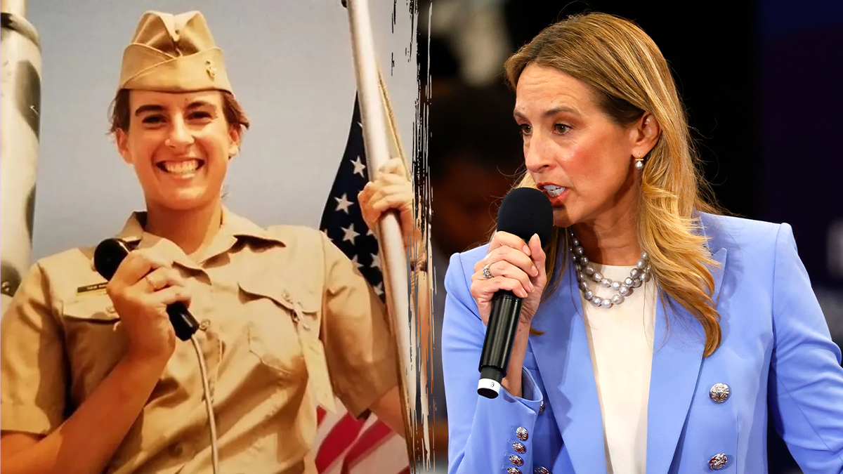 A split of Mikie Sherrill as a midshipman and candidate