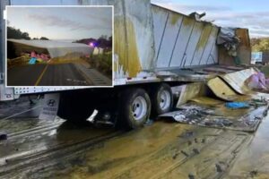 Semi-truck overturns and spills 46K pounds of apple sauce on Illinois interstate