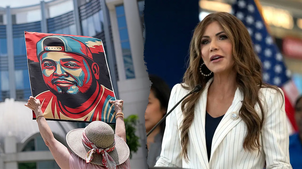 Abrego Garcia poster and Kristi Noem