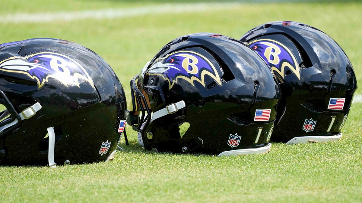 Ravens helmets on field
