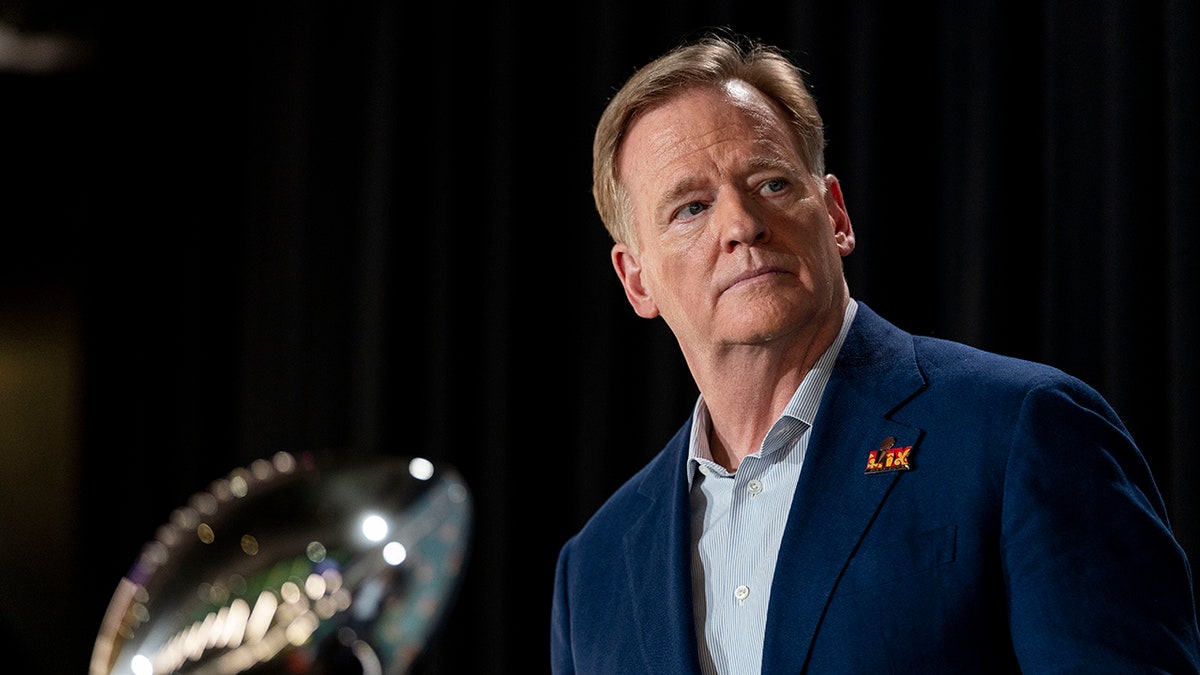 Roger Goodell looks on at Super Bowl press conference