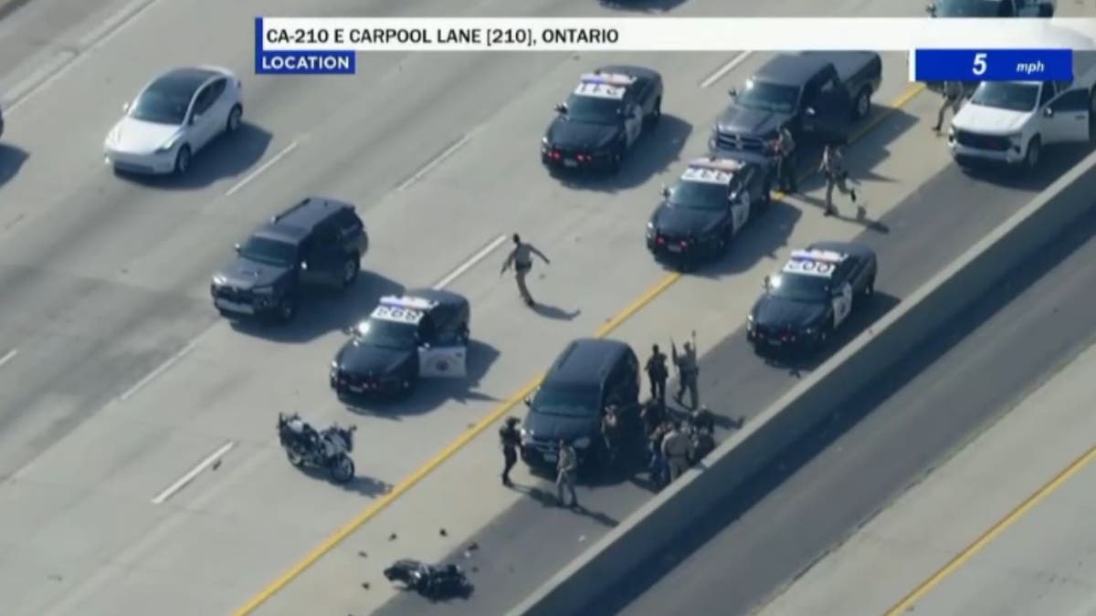 Motorcycle suspect seen speeding along 210 Freeway during police chase in California.