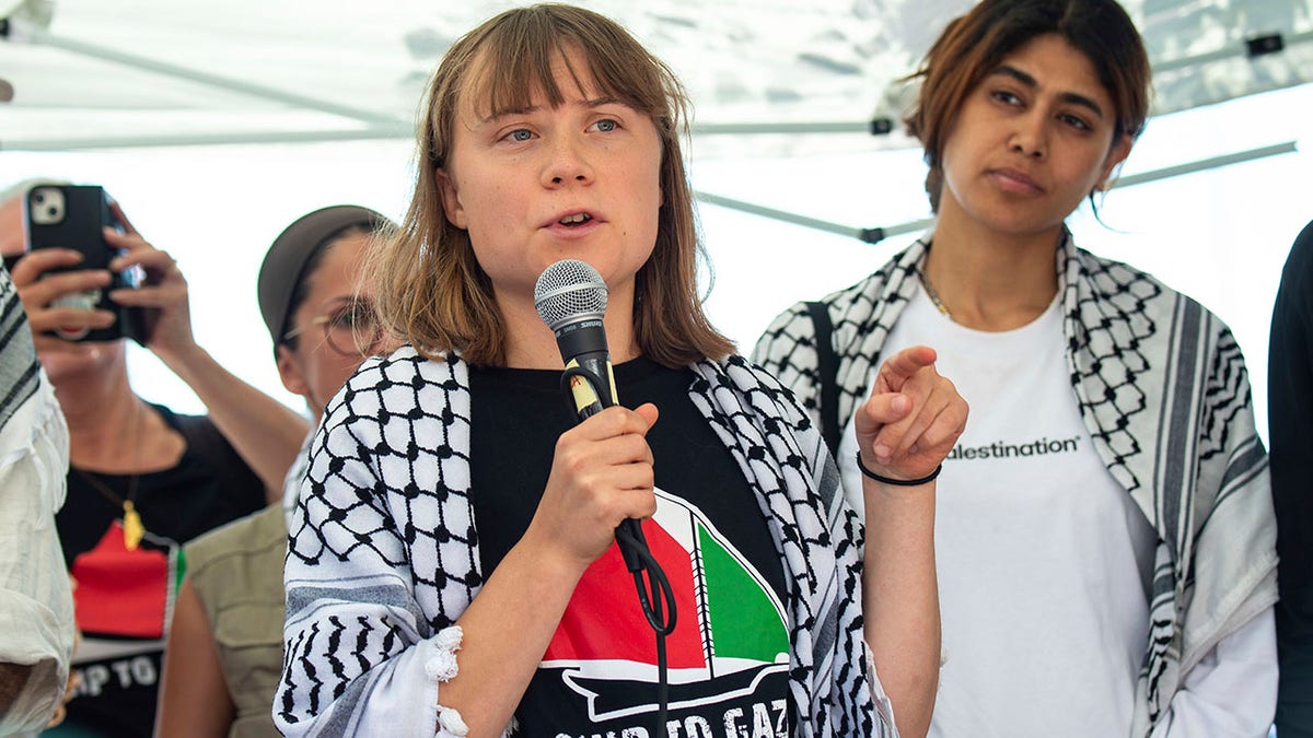 Greta Thunberg speaking into a microphone