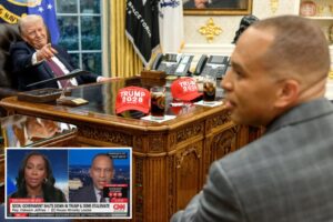  Trump taunts Dems with ‘Trump 2028’ hats during failed government shutdown negotiations