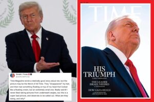 President Trump accuses Time magazine of deliberately using the worst photo ‘of all time’ on a cover praising his peace deal