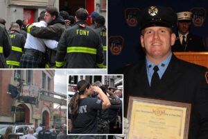 Widow, FDNY siblings of fallen firefighter Patrick Brady weep as bunting is put up at firehouse
