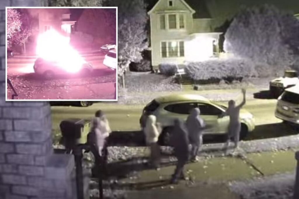 Shocking doorbell camera video captures group of teens torching car on quiet street