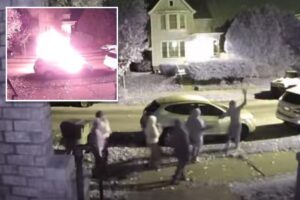 Shocking doorbell camera video captures group of teens torching car on quiet street