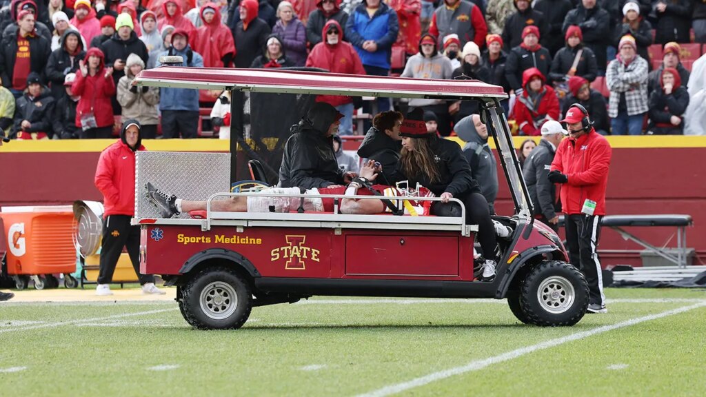 Iowa State player carted off, hospitalized after collapsing on field from brutal hit Iowa State player carted off, hospitalized after collapsing on field from brutal hit