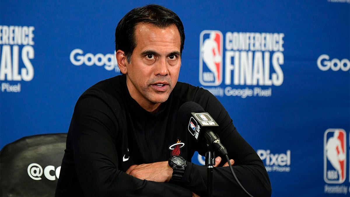 Erik Spoelstra coaches against the Celtics
