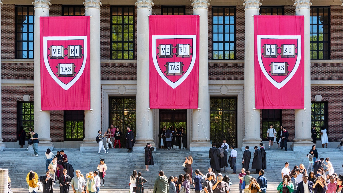 large veritas banners hang on harvard campus building people in foreground