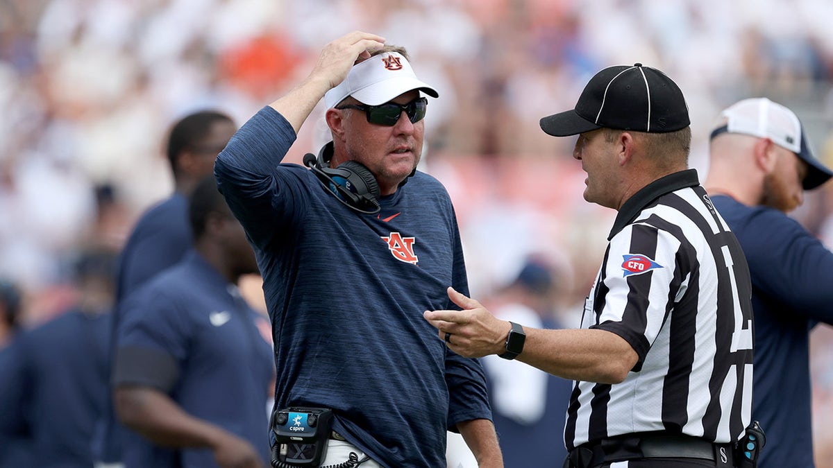 Hugh Freeze argues with referee